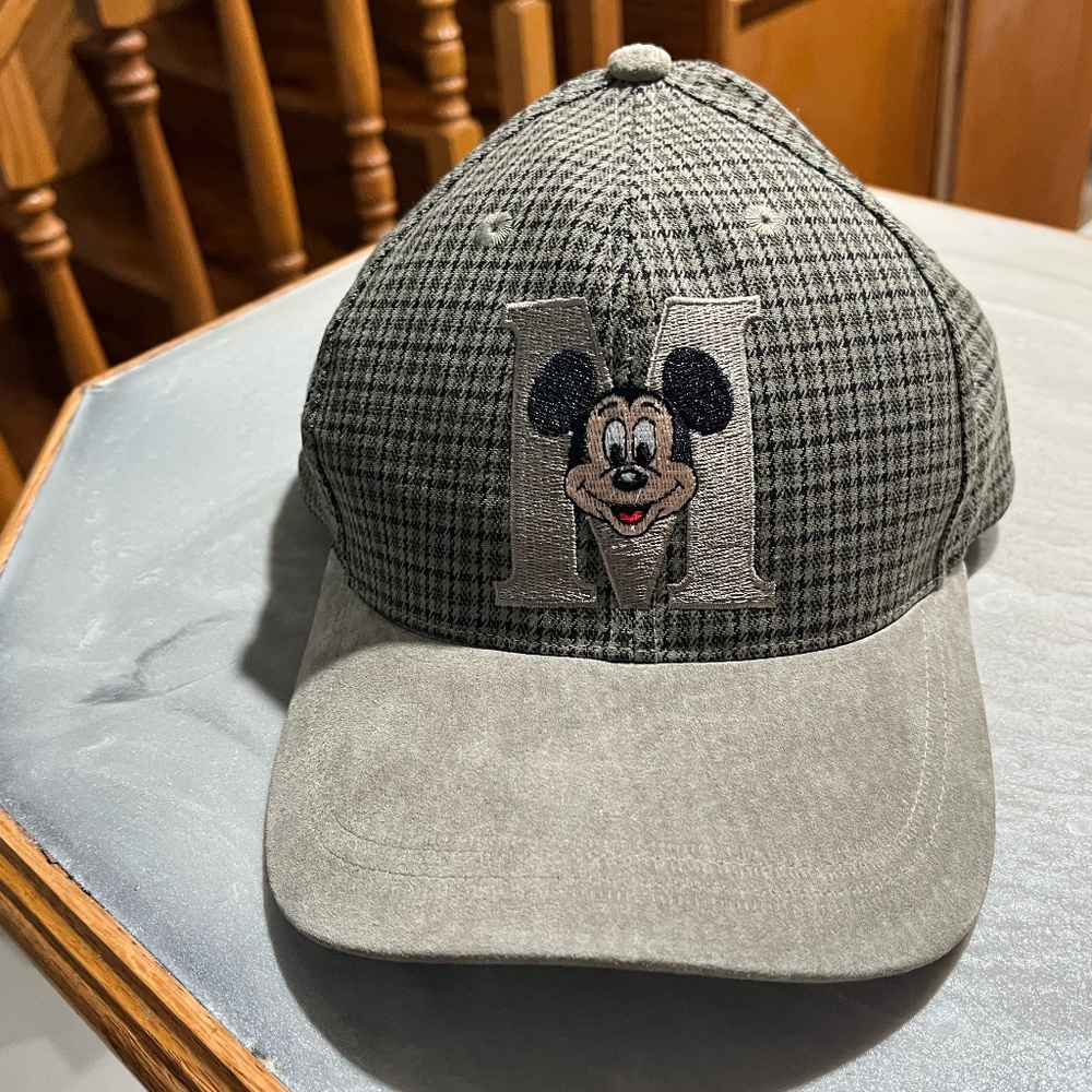 Disney Mickey Mouse Embroidered Hat Gray Houndstooth Adjustable Cap